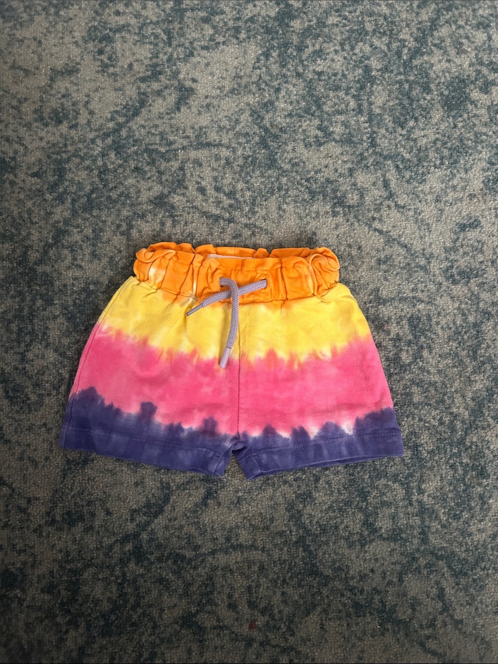 Sovereign Code Tie-Dye Ruffle Waist Shorts in Orange, Yellow, Pink & Purple